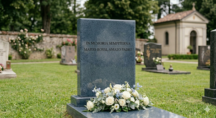 Fiori bianchi alla base di una lapide scura in un giardino cimiteriale.