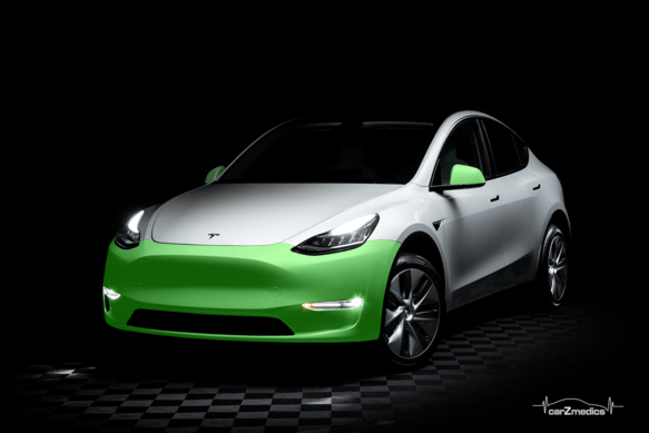 Tesla with a basic front-end Paint Protection Film (PPF) package installed for enhanced protection and finish durability.
