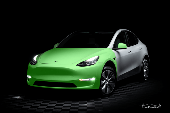 Tesla with a full front-end Paint Protection Film (PPF) package installed, providing maximum coverage and durability.