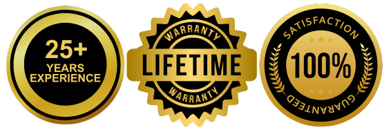 Three gold-and-black warranty badges for CarZmedics: 25+ years experience, lifetime warranty, and 100% satisfaction guaranteed.