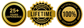 Three gold-and-black warranty badges for CarZmedics: 25+ years experience, lifetime warranty, and 100% satisfaction guaranteed.