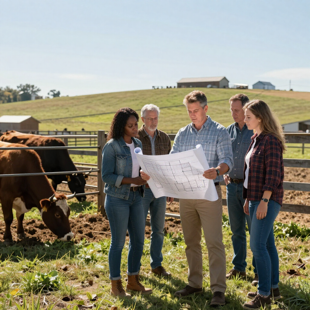 Four people review a large map beside cows in a sunny pasture