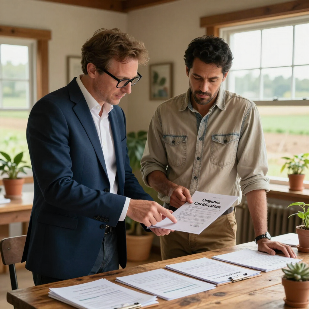 Two men review papers at a table in a bright office with a farm view.