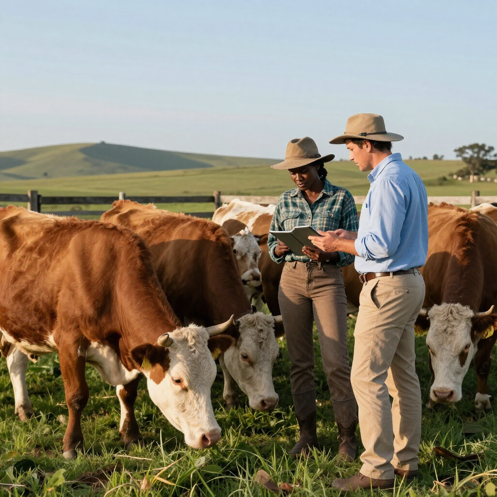 Two ranchers standing among grazing cows in a green pasture under a clear sky