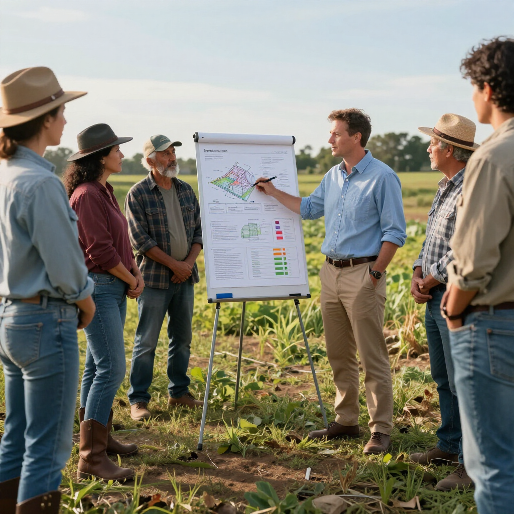 Farmer presenting a field plan on a flip chart to a small group in an outdoor crop field