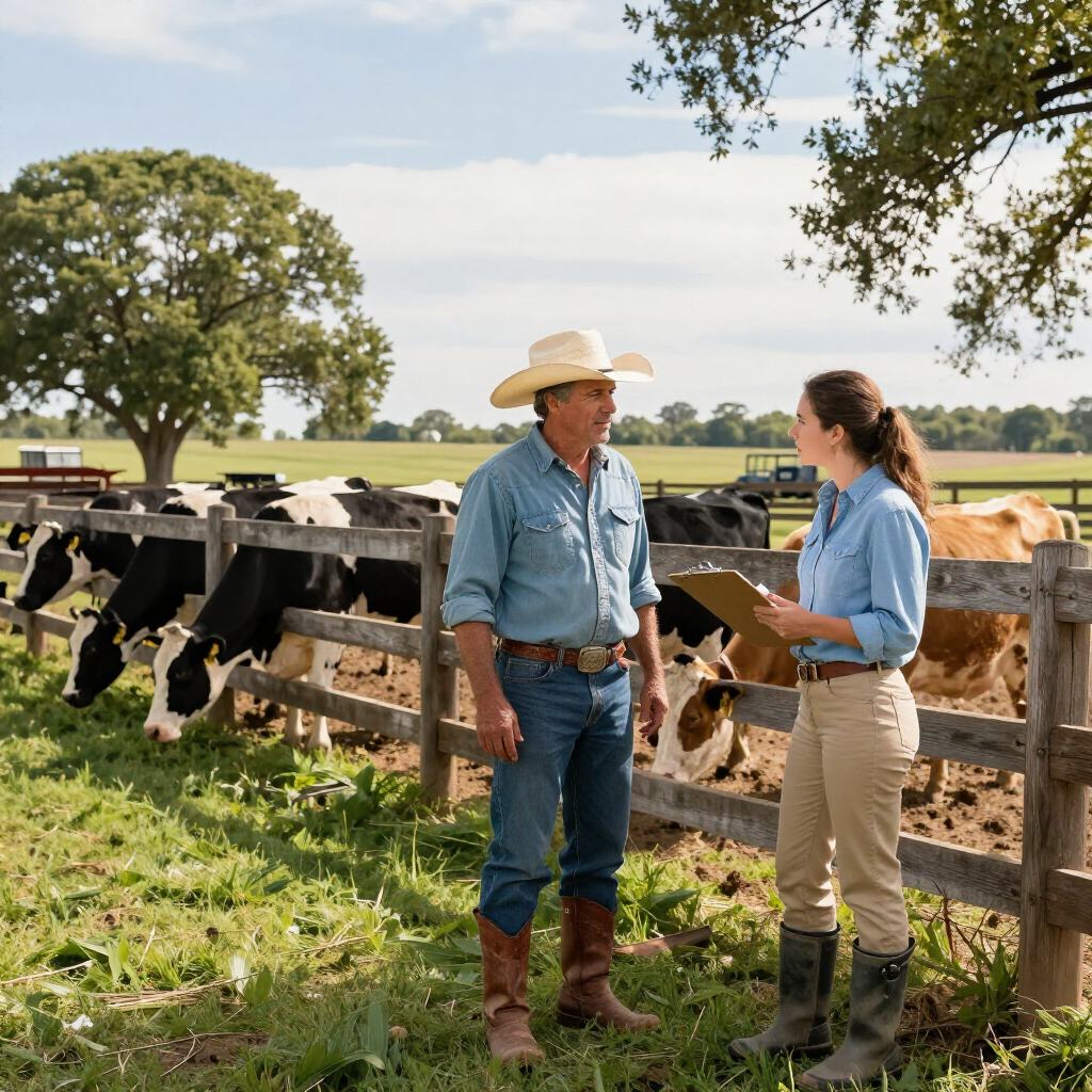 Two ranchers talking by a wooden fence with cows in a sunny pasture
