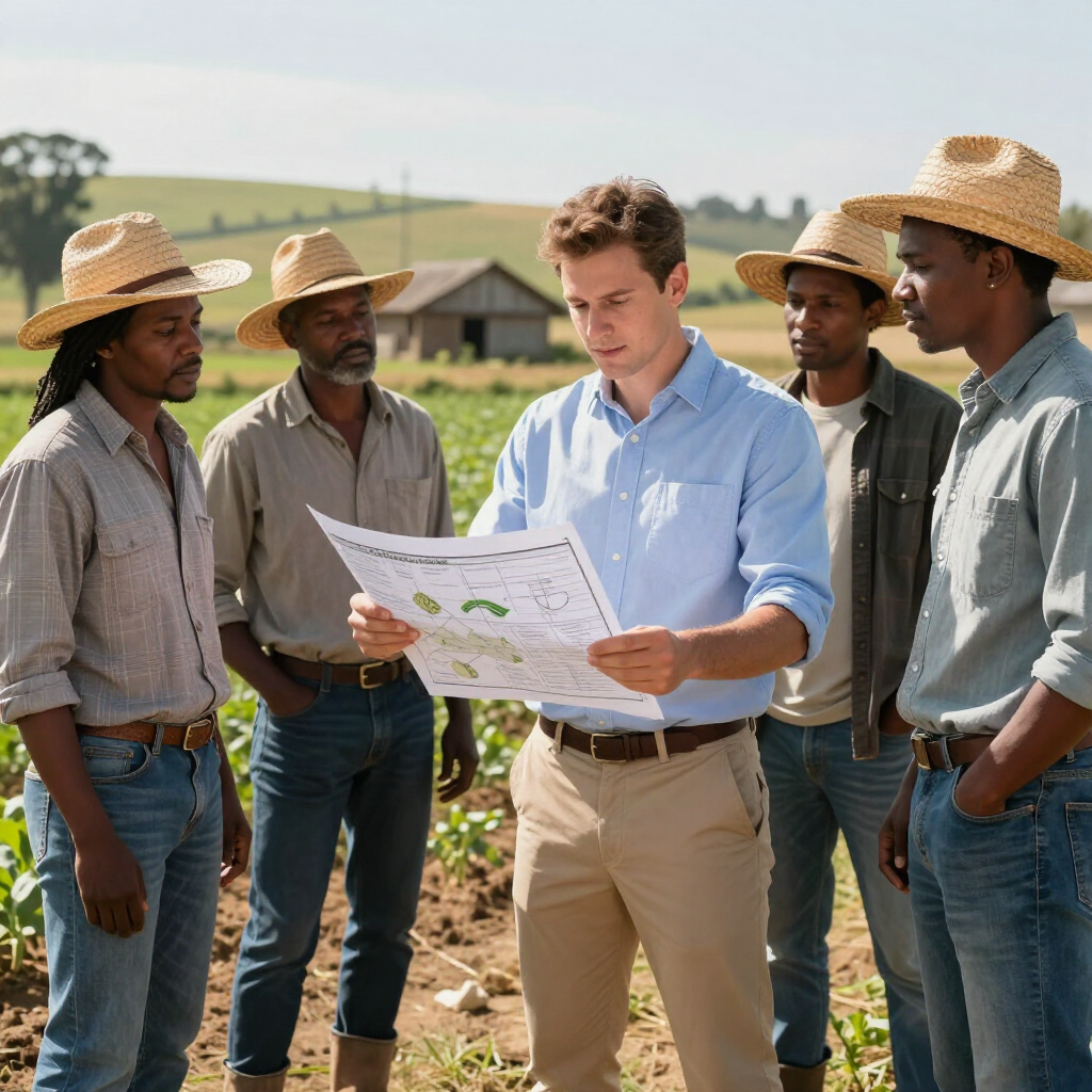 Man in blue shirt reviews a field map with four farmers outdoors on a sunny rural farm