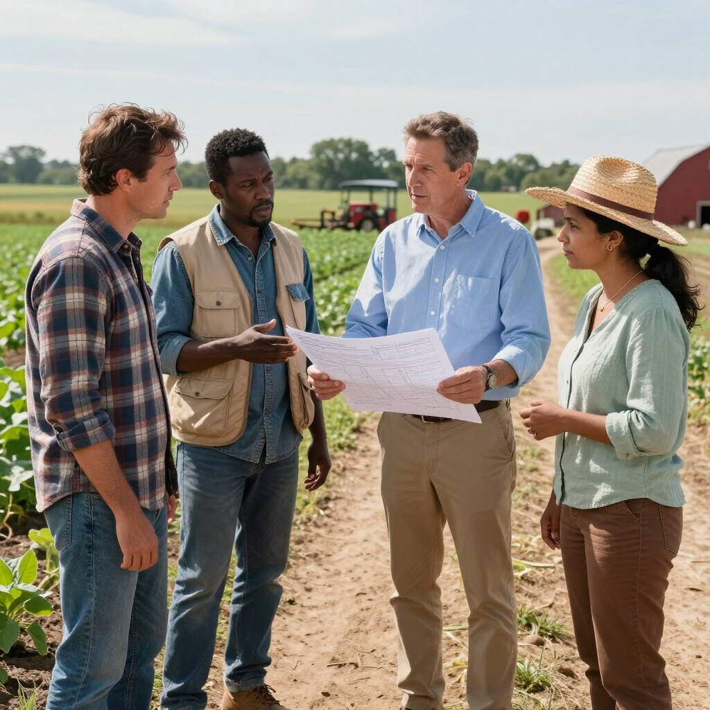Farmers review a map in a sunny field, discussing crop rows together.