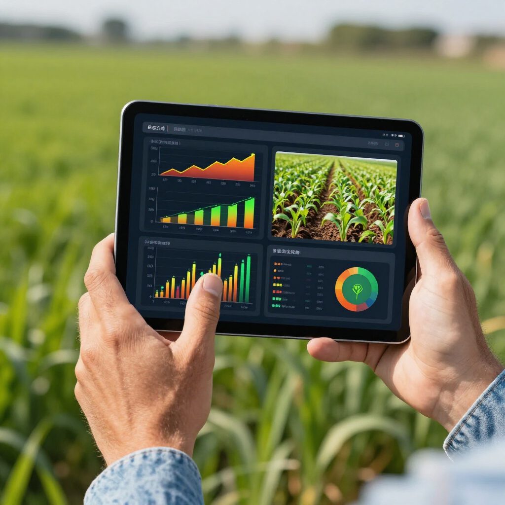 Hands holding a tablet with crop charts and field images in a green farm field