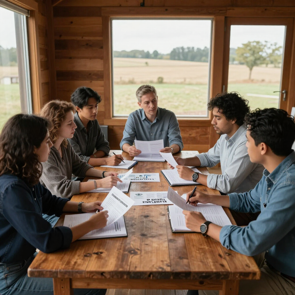 Group meeting around a wooden table in a bright room, reviewing printed documents with rural fields outside.