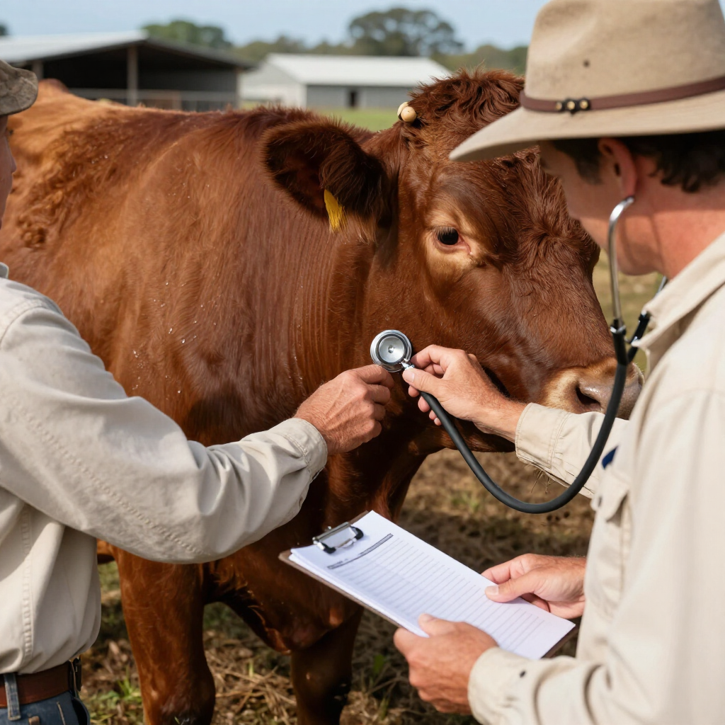 Veterinarians examine a brown cow with a stethoscope while one takes notes outdoors.