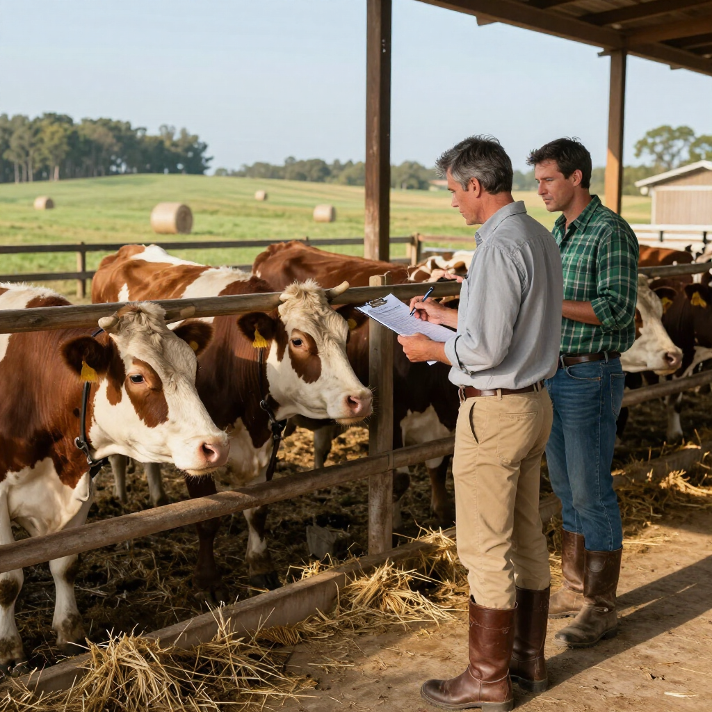 Two farmers examining cattle at a barn fence in a pasture