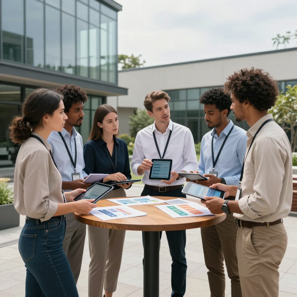 Team meeting outdoors around a round table with tablets and documents in a modern office courtyard