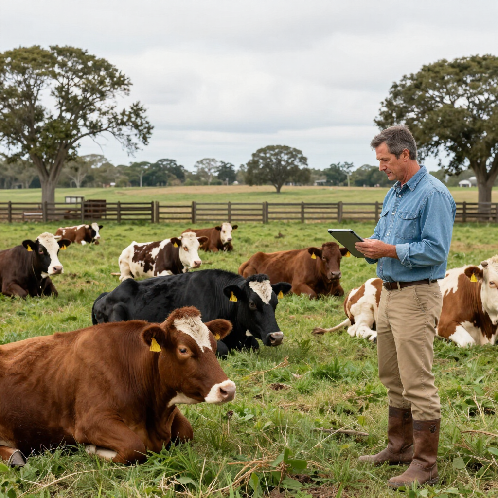 Farmer checking a tablet beside a herd of cattle in a grassy pasture