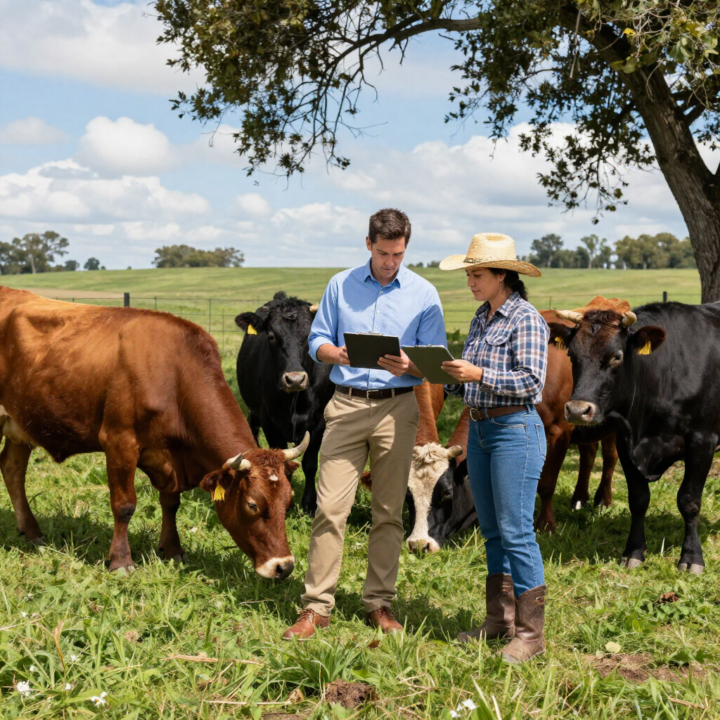 Two farmers reviewing notes beside grazing cattle in a sunny pasture
