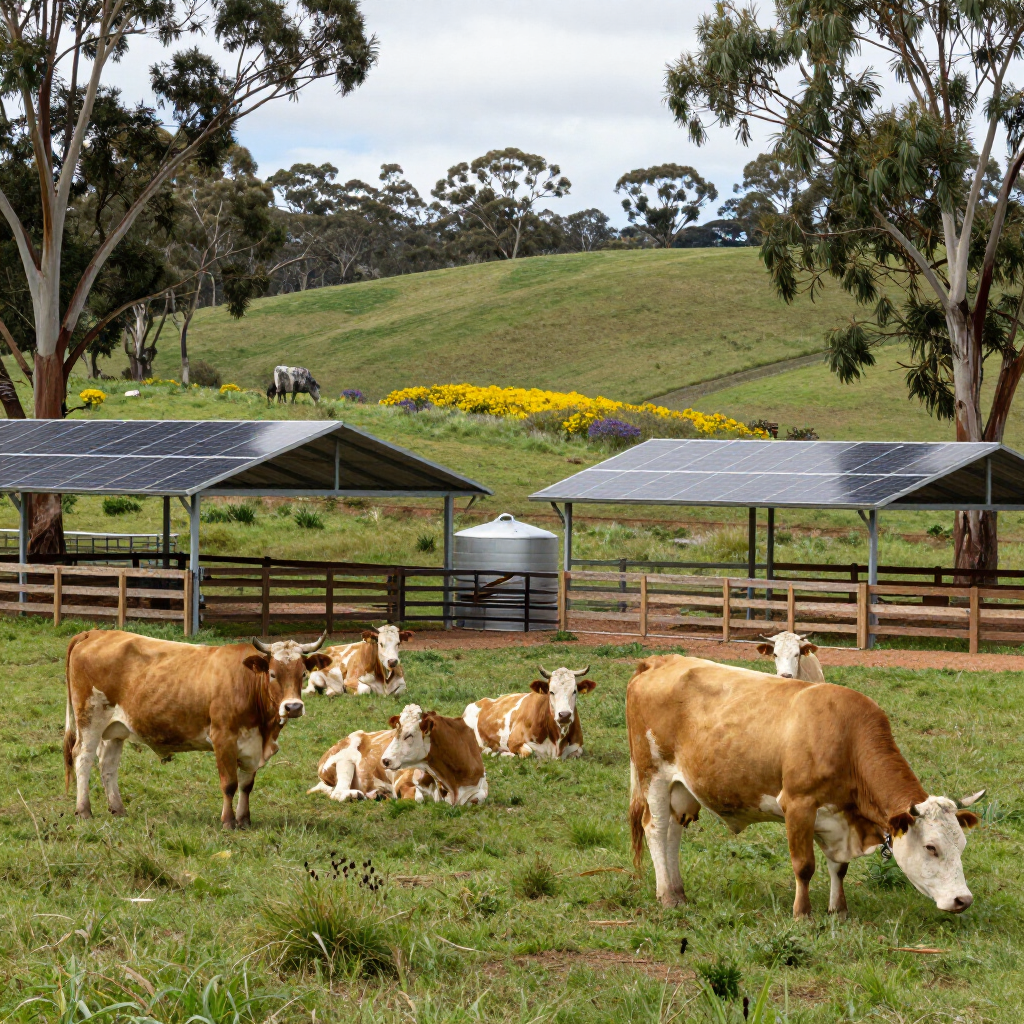 Cows grazing in a grassy pasture with solar panels, wooden fencing, and rolling hills in the background
