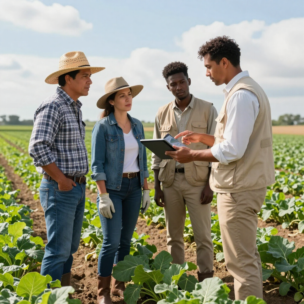 Farmers and agronomist discussing crops in a green field, one holding a tablet.
