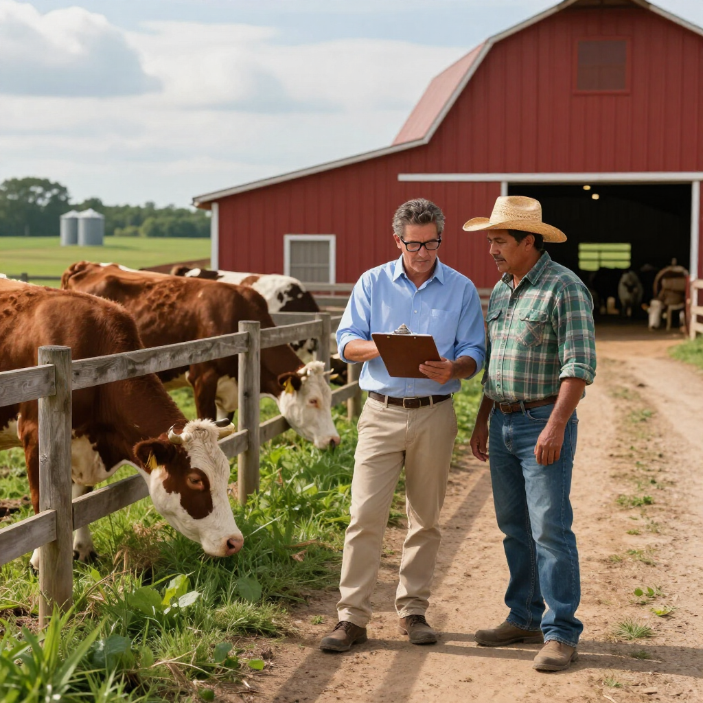 Two farmers reviewing a clipboard beside cows by a red barn on a dirt path