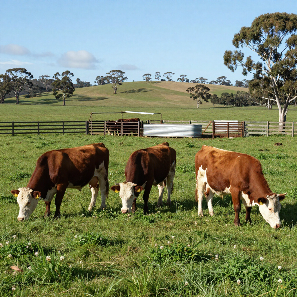 Three brown-and-white cows grazing in a green pasture on a sunny farm