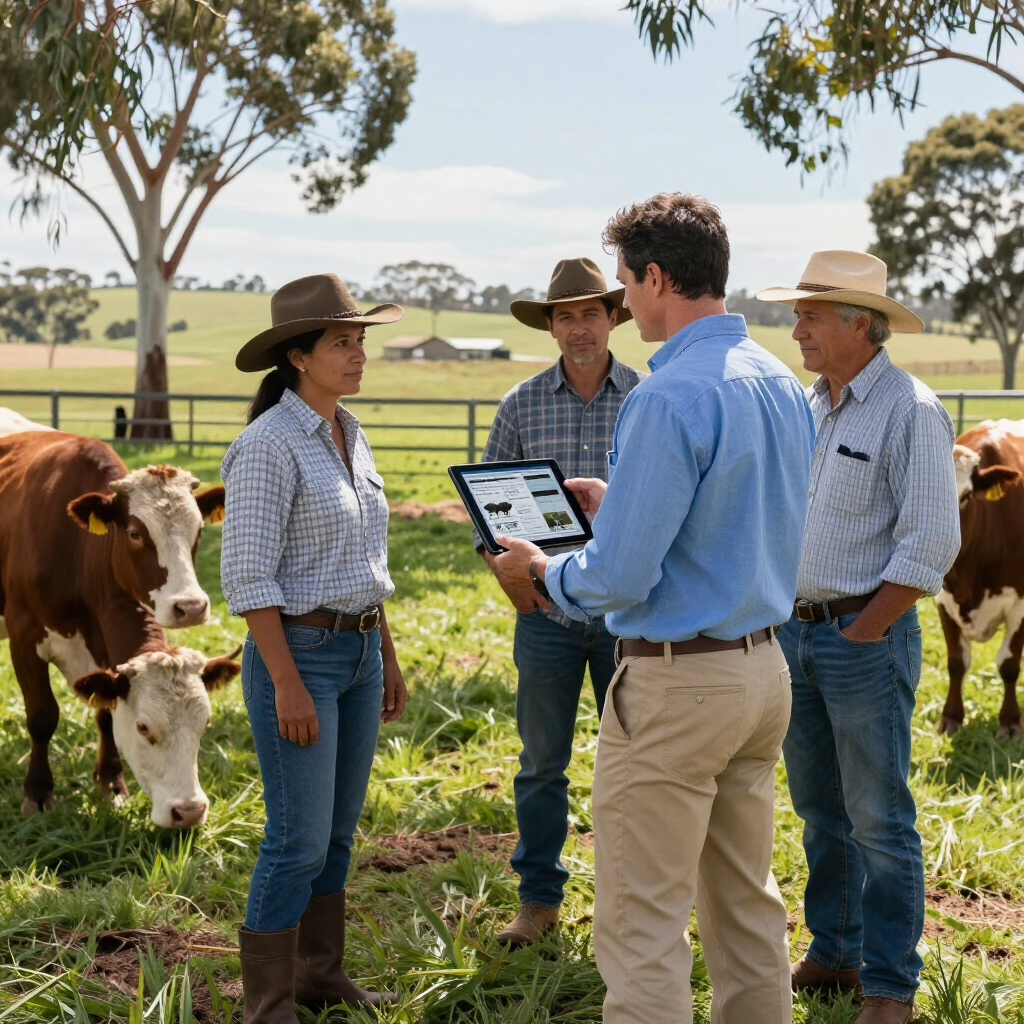 Farmers discussing a tablet in a cattle pasture, with cows and trees in the background