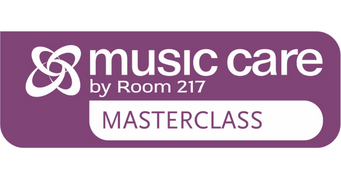A purple logo for music care by room 217 masterclass