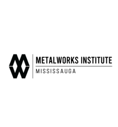 The logo for the metalworks institute in mississauga is black and white.