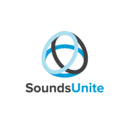 A blue and black logo for sound unite
