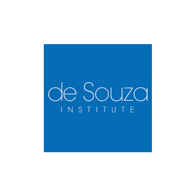 The de souza institute logo is blue and white