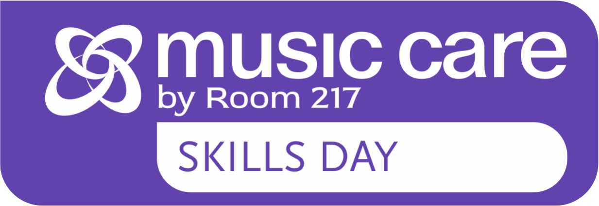 A purple sign that says music care by room 217 skills day