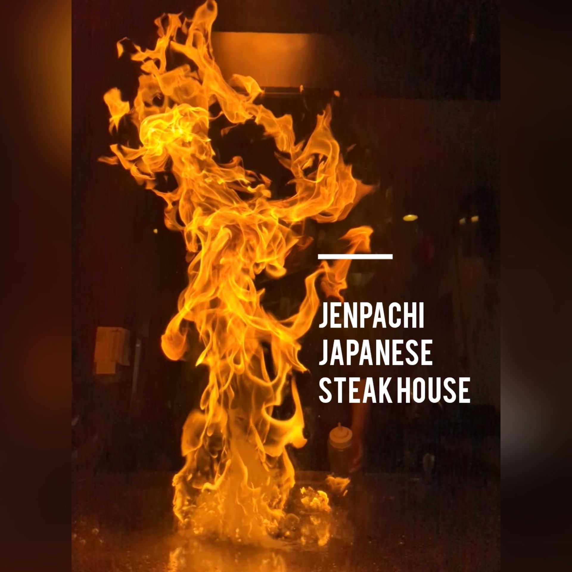 Flaming steakhouse logo with orange fire and white text reading “Jenpachi Japanese Steak House”
