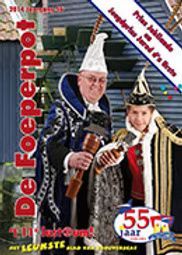 Omslag van een tijdschrift met twee personen in carnavalskostuum, een man en een kind, die voorwerpen vasthouden.