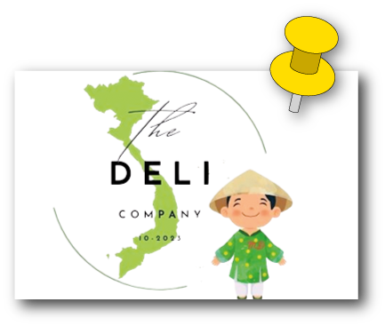 Logo voor The Deli Company met een kaart van Vietnam, een kind in traditionele kleding en een punaise.