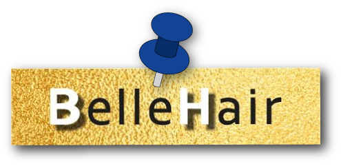 Logo van Belle Hair met een blauwe punaise op een goudkleurige rechthoek.