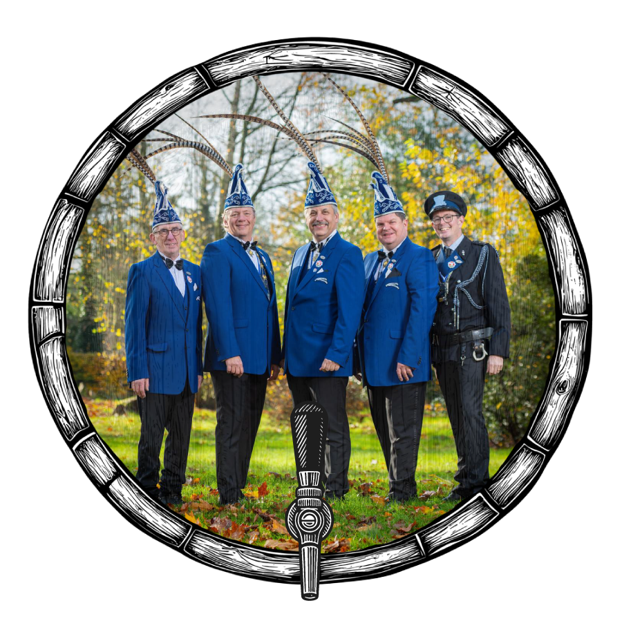 Vijf mannen in blauwe jassen en hoeden poseren voor een foto in een vat. Herfstachtige achtergrond.