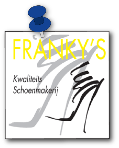 Het logo van Franky's schoenmakerij vastgemaakt op een wit vierkant.