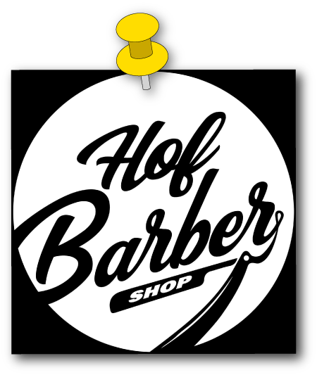 Logo van Hof Barbershop: witte tekst op een zwarte achtergrond, met een kapperspaal en vastgezet met een gele punaise.
