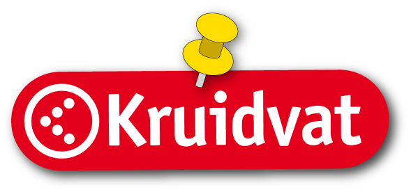 Witte kaart met een rode speld, geel blokje en het logo van 