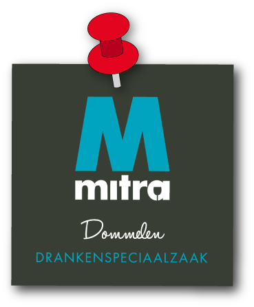 Mitra Dommelen logo pinned to a dark gray square; large blue 