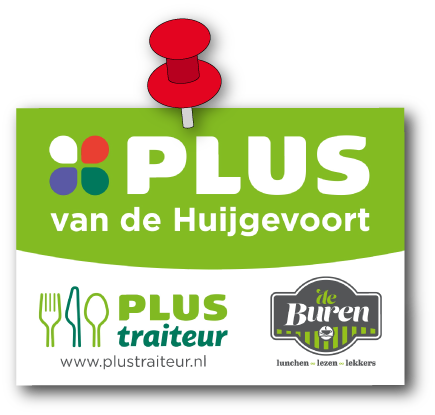 Sign for PLUS van de Huijgevoort supermarket, with logo and 