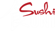 Red handwritten “Sushi” logo on a white background
