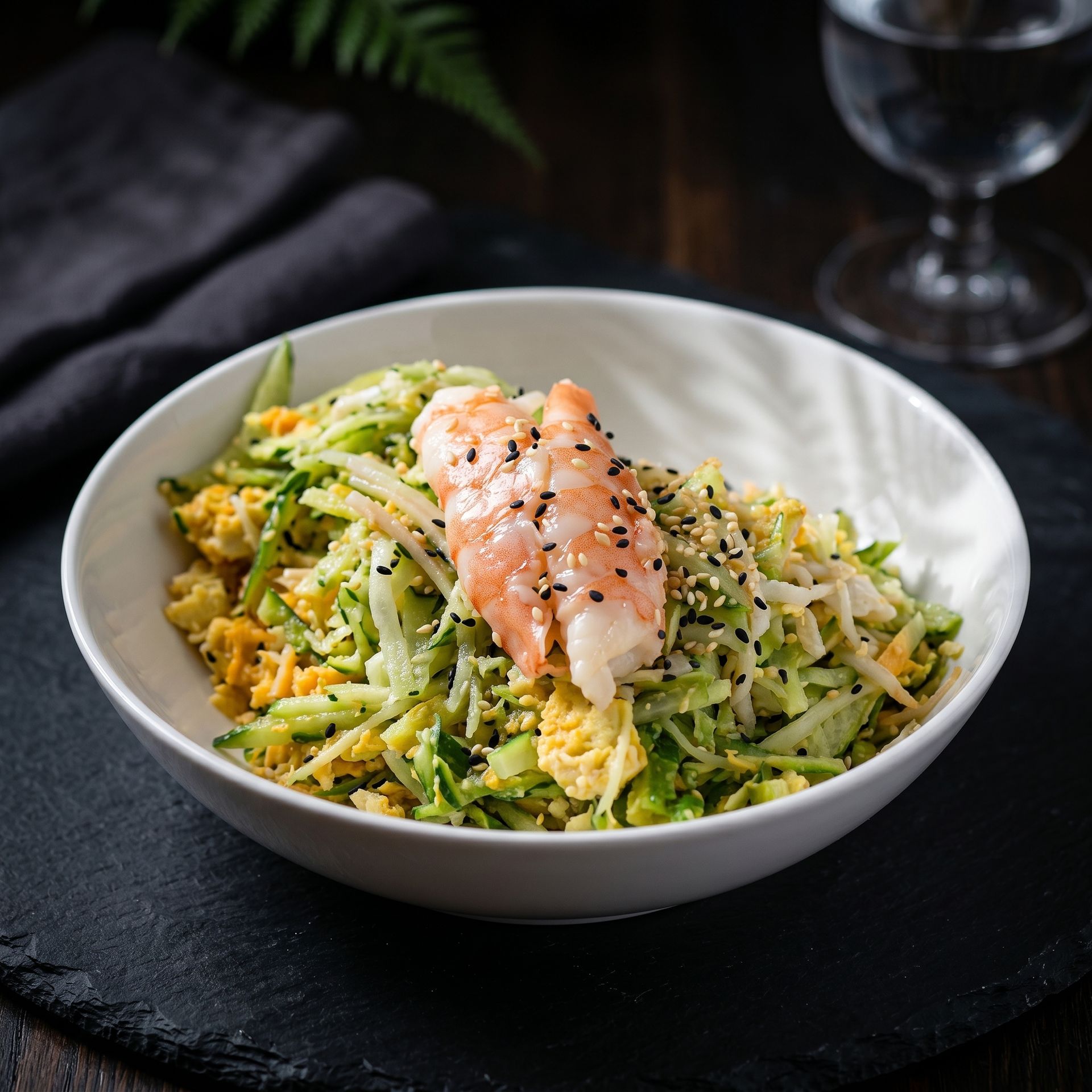 Salmon fillet on a green vegetable and rice bowl in a white dish on a dark table