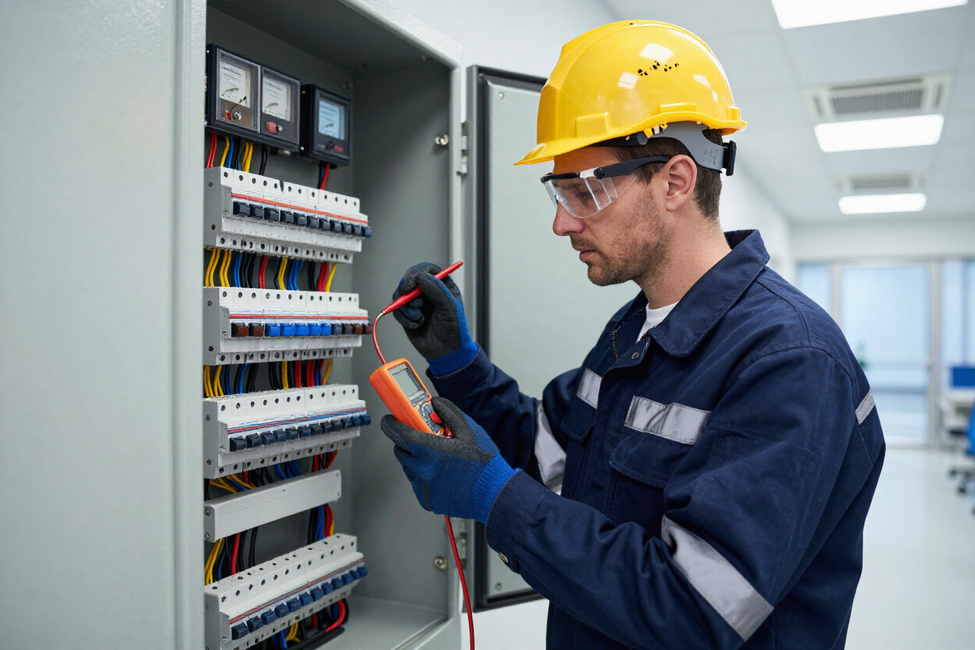 Un técnico con casco de seguridad prueba un cuadro eléctrico con un multímetro en una sala industrial bien iluminada
