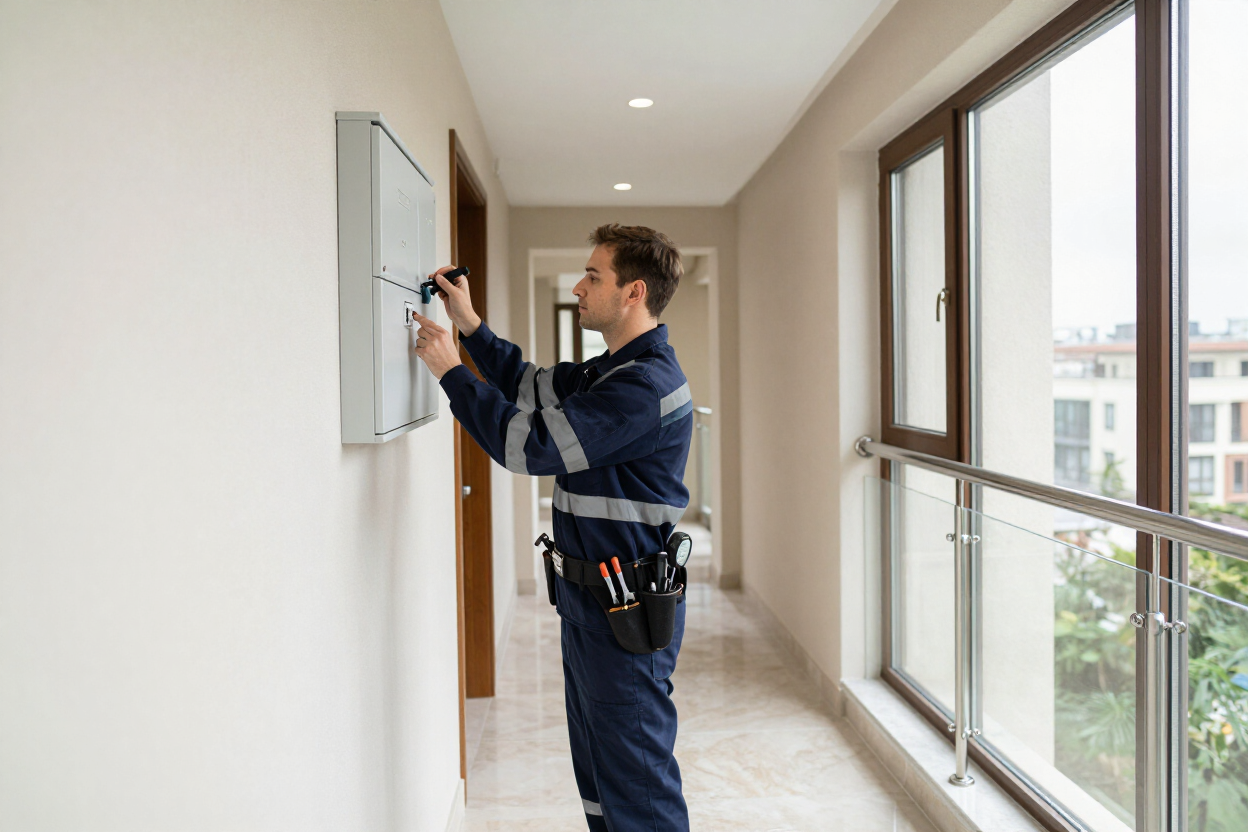 Un electricista ajustando un panel de pared en un pasillo luminoso con grandes ventanales