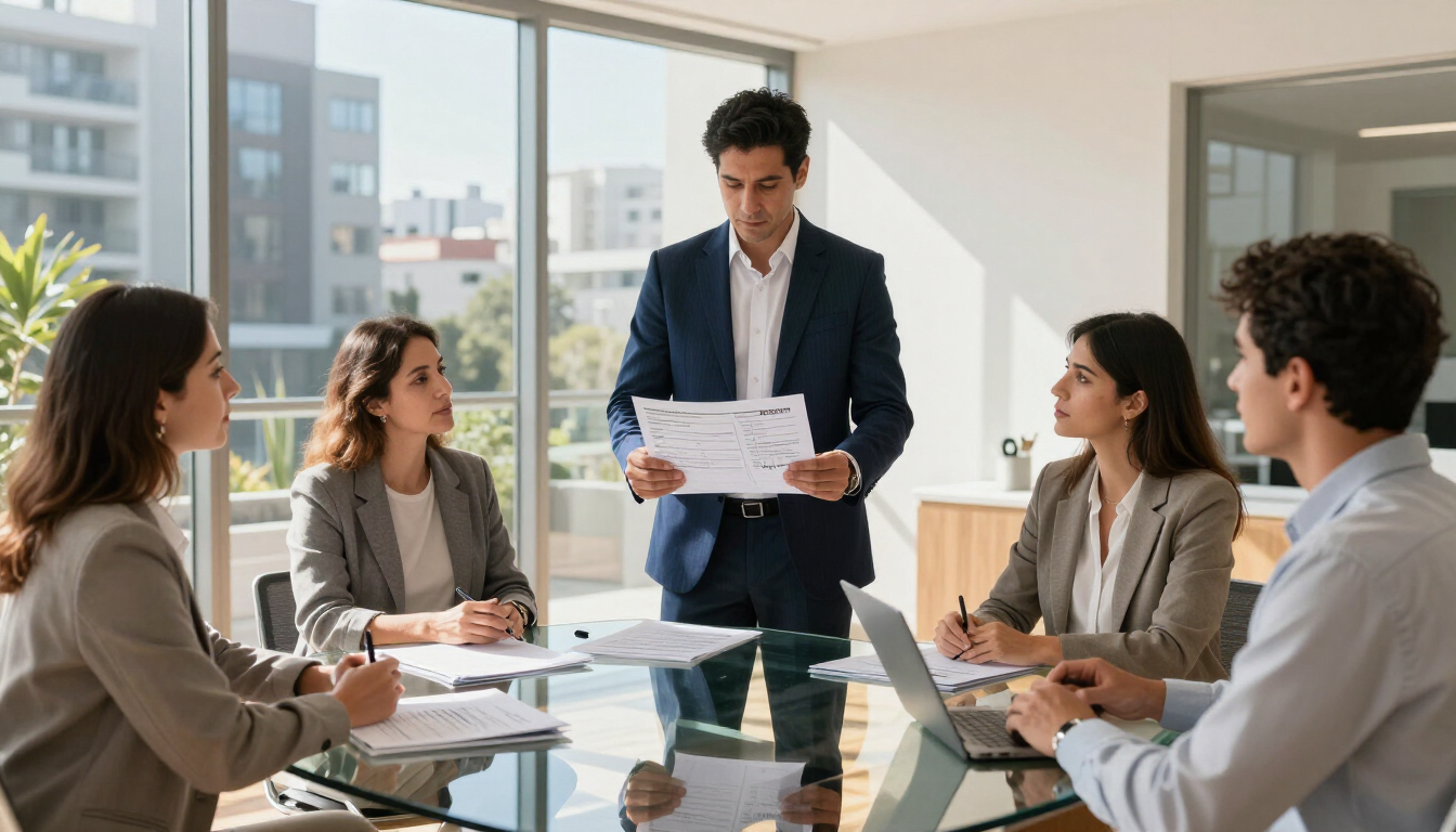 Reunión de negocios en una oficina luminosa