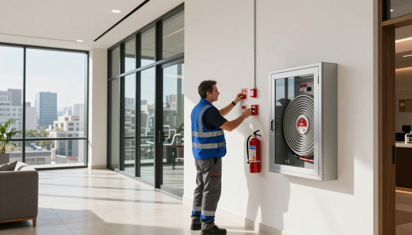 Un técnico inspecciona un armario de seguridad contra incendios en el pasillo luminoso de una oficina moderna.