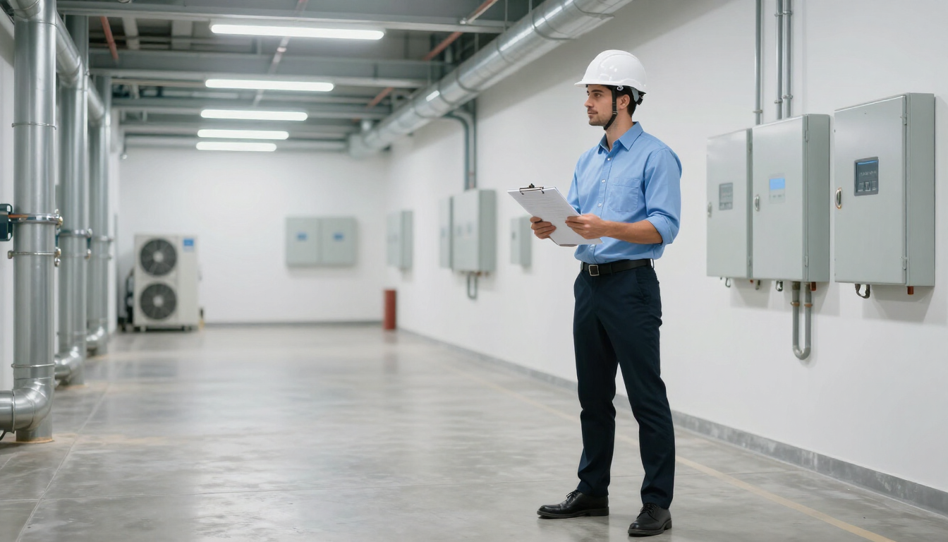 Técnico con casco y portapapeles en el pasillo luminoso de una instalación industrial