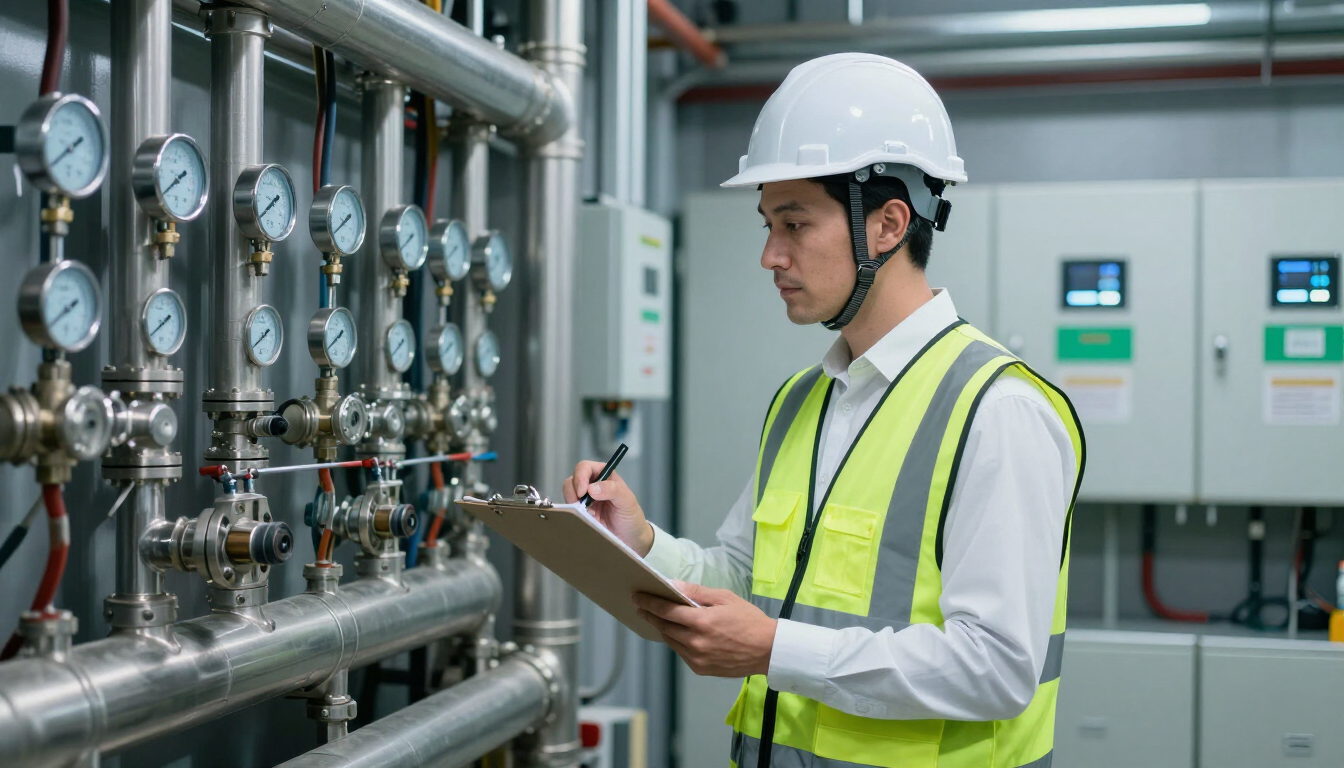 Técnico con casco y chaleco de seguridad inspeccionando tuberías industriales con una carpeta en una planta