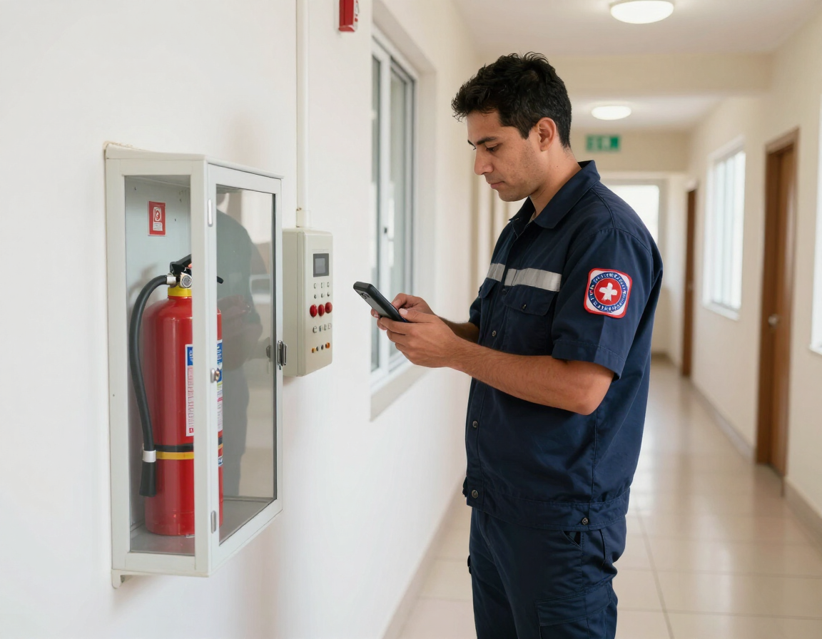 Técnico revisando equipamiento de seguridad en una comunidad