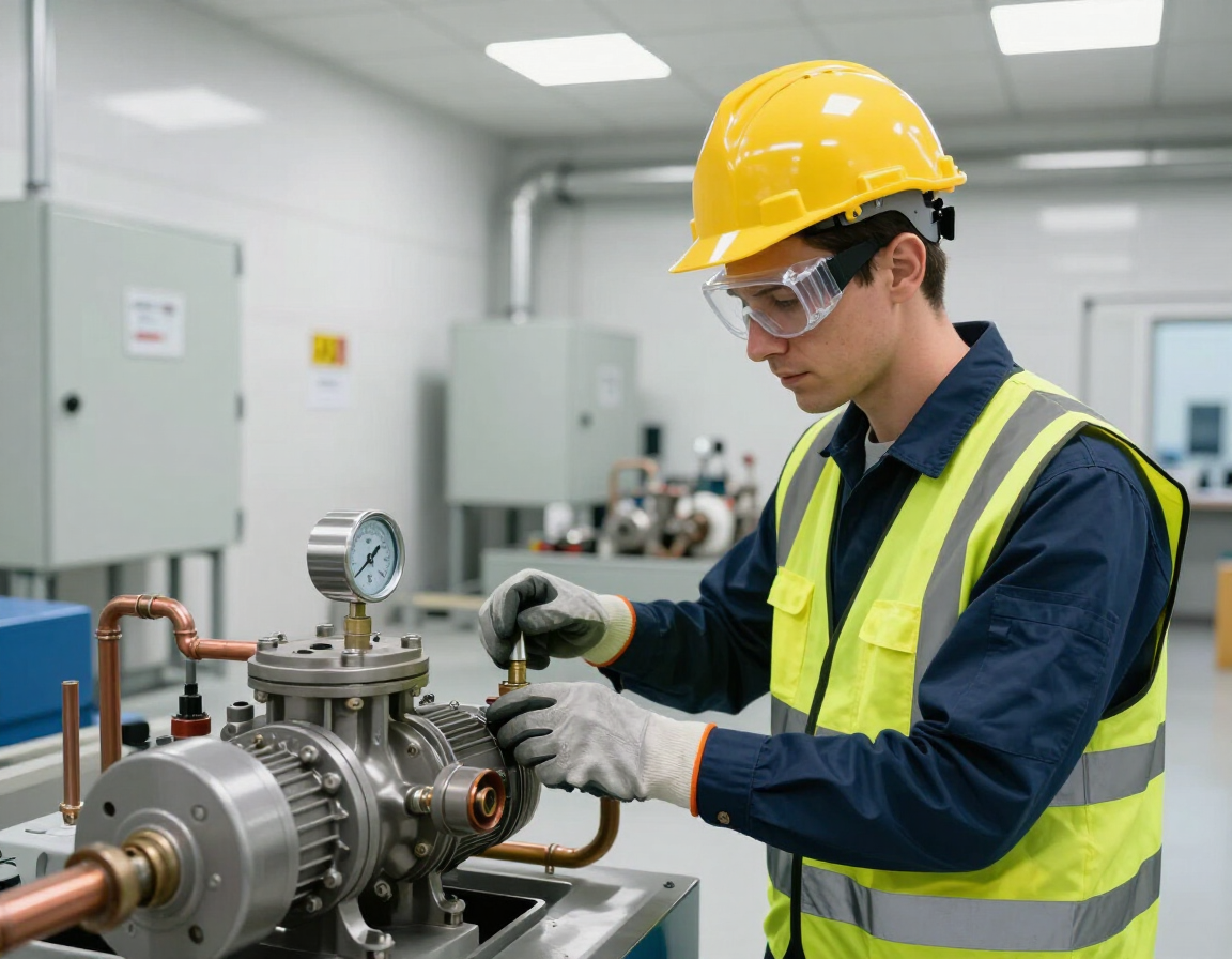 Técnico realizando revisión de equipos en sala de máquinas