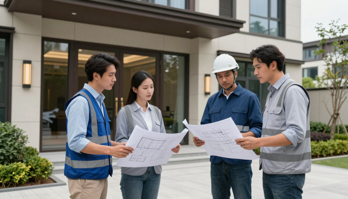 Equipo profesional coordinando la revisión de un edificio y su plan de mantenimiento